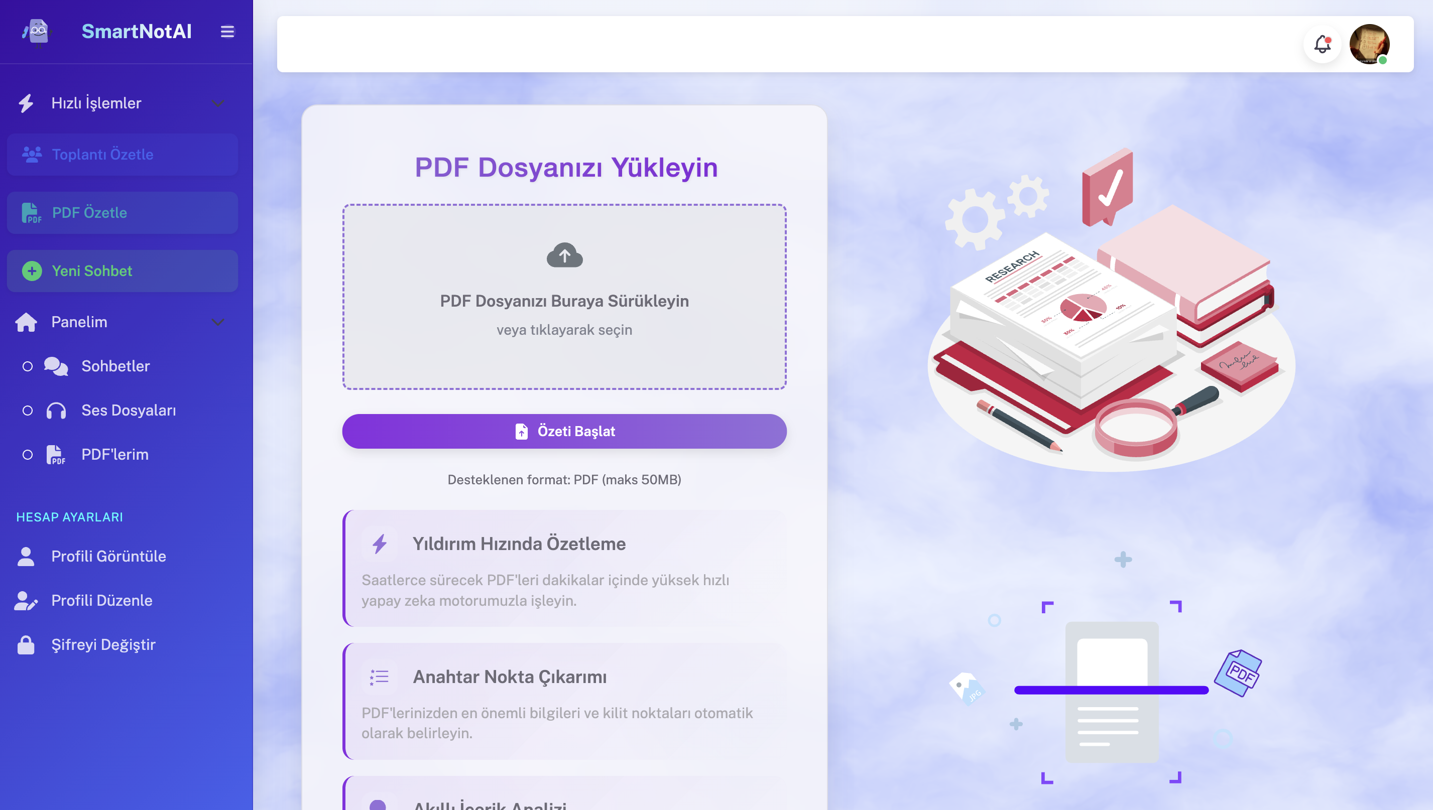 SmartNotAI Arayüz Görüntüsü 2 - PDF Özetleme